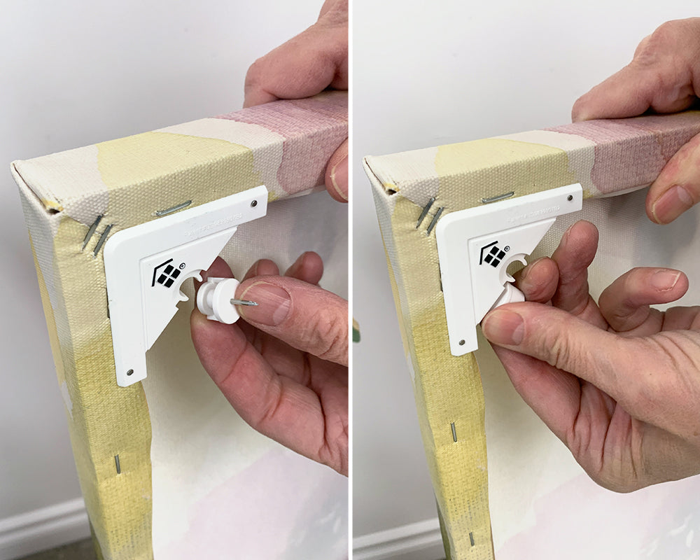 A picture showing a person snapping the pin out of the hanger on CanvasHangers and putting it into the safe holding spot on the hanger.