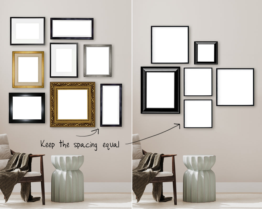 Two images side by side with two different gallery walls of multiple frames of different styles and a tip to keep the spacing consistent between the frames to create a balanced look