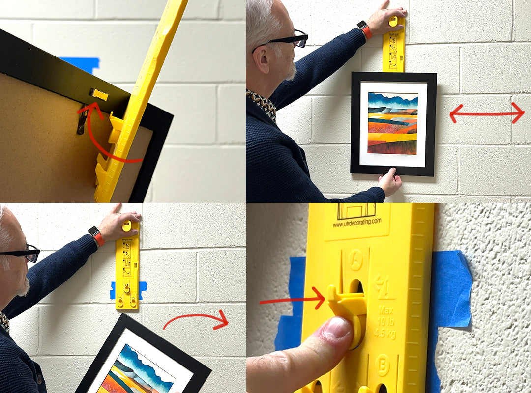 Four images showing how to use Hang & Level™ the picture hanging tool: Place the picture on the hook of the tool. Take the tool and picture to the wall and find the right spot to hang it. Remove the picture leaving the tool on the wall. Press the button on the Painter's tape to mark exactly where to install the fastener.