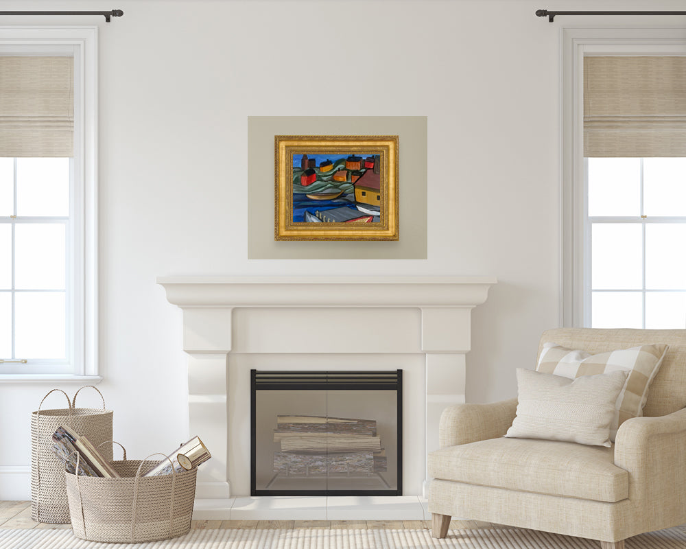 Small picture hung above a fireplace that is made to appear larger by painting out a piece of the wall behind it.