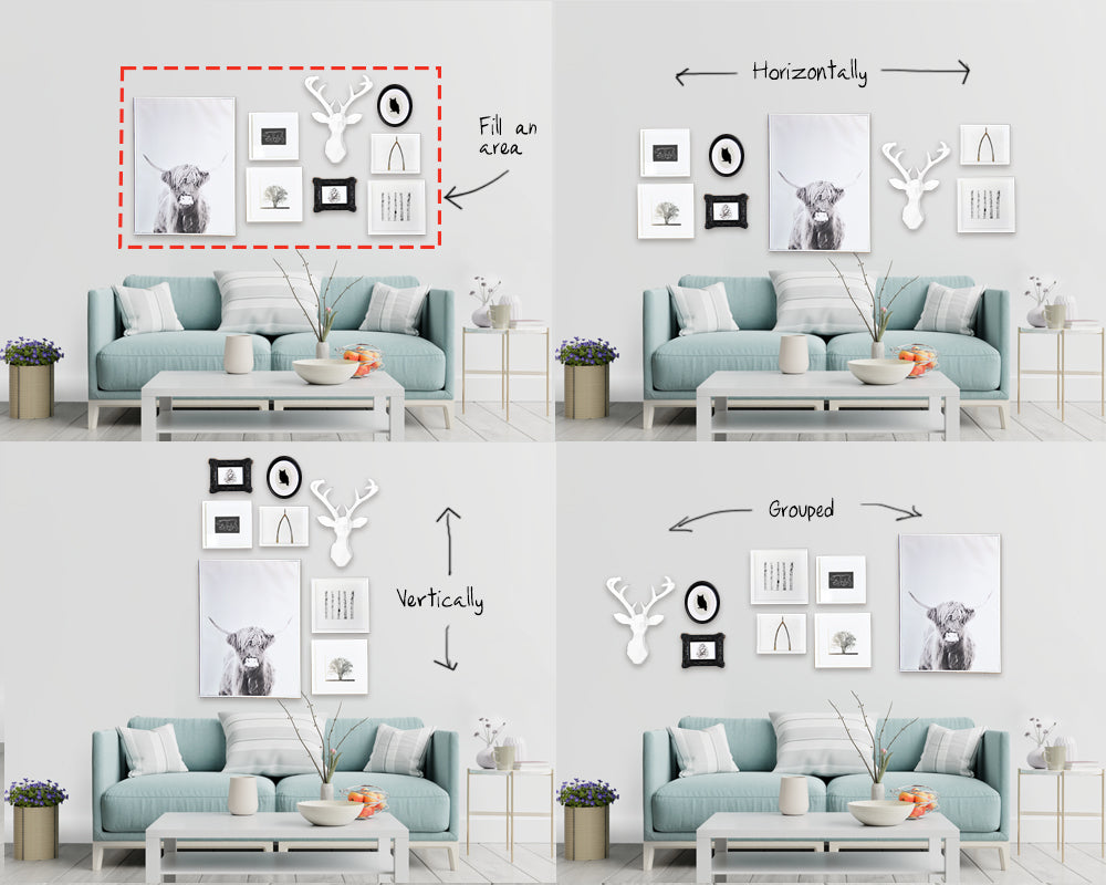 A gallery wall decorated above a couch in four different arrangements - fill the area you want, vertical, horizontal and random groupings