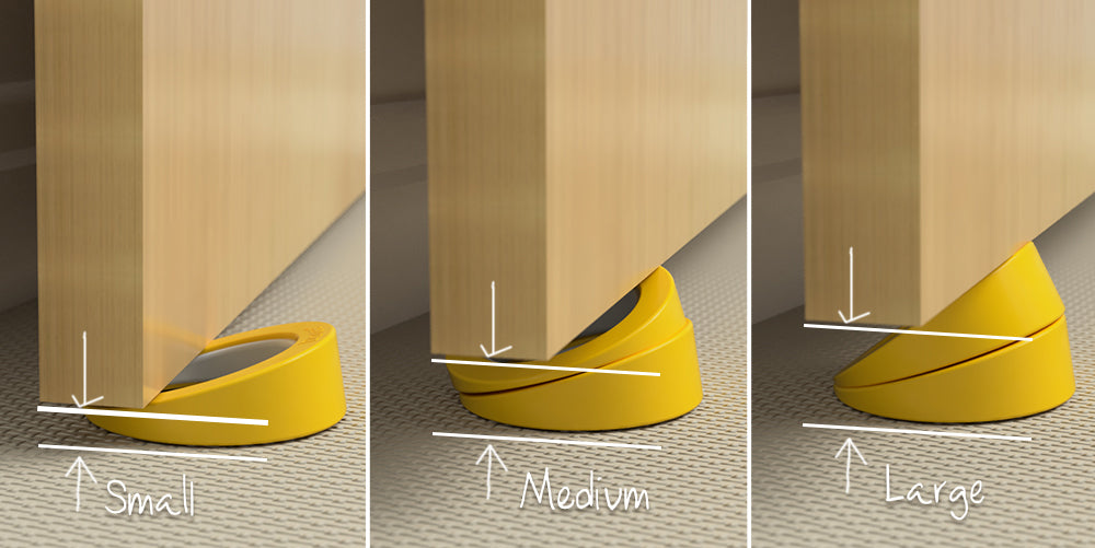 3 images showing how Doree™ doorstop can be used to fill different gaps between the door and floor by using a single Doree door stop or stacking two Doree together to fill gaps up to 2"