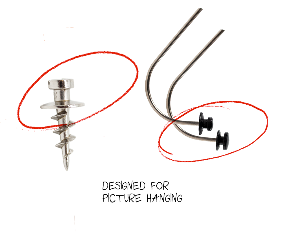 Image of decoscrew and decohook showing the unique head design that holds all kinds of hanging hardware securely in drywall