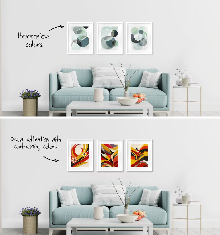 Two images with a 3-frame gallery hanging above a couch and using color to create harmony.