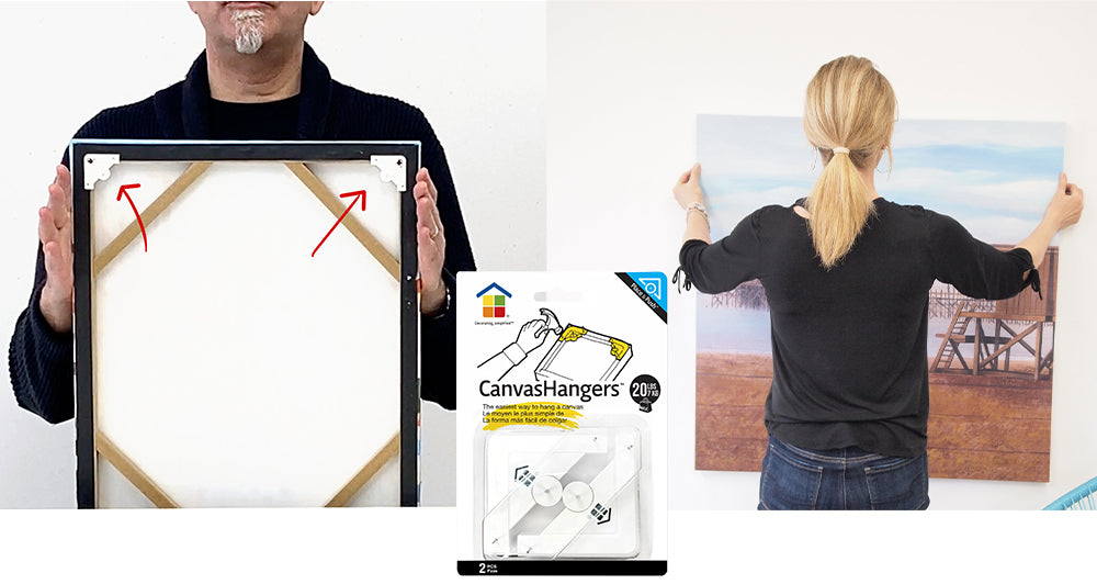 Two pictures: one of a person holding a canvas art showing the CanvasHangers™ installed and the other a person hanging a canvas. There is also an image of a package of CanvasHangers.
