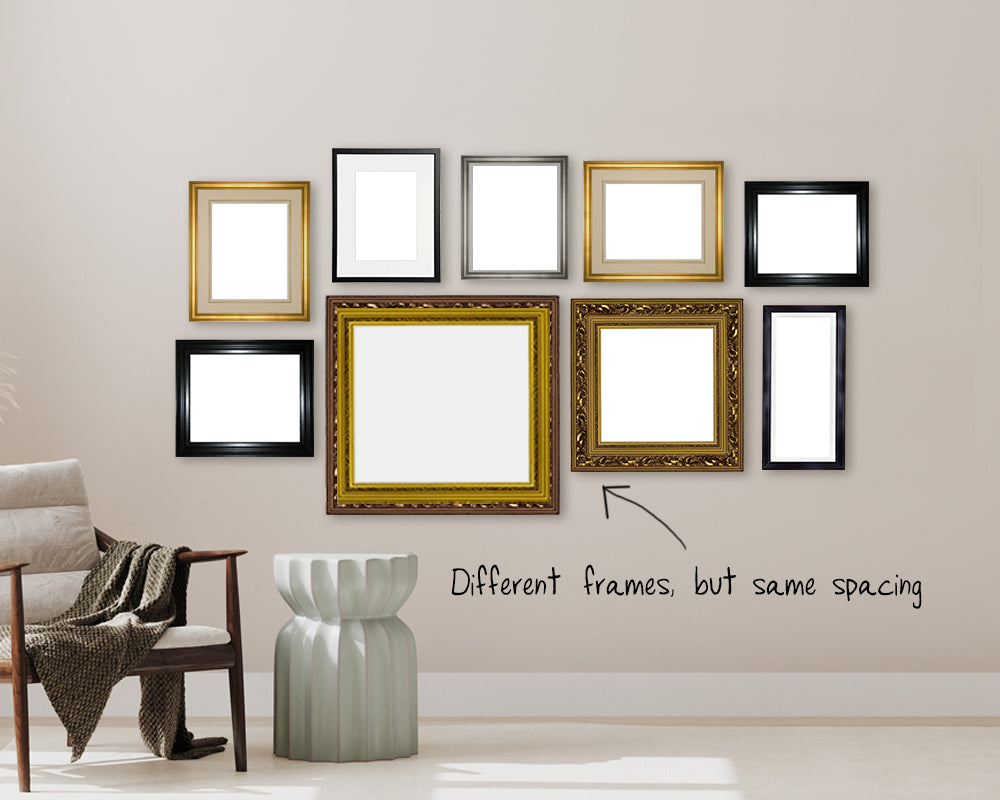 An gallery wall with 9 picture frames that are all different hung together with equal spacing between each frame so the arrangement looks balanced - a gallery of this type can be called an eclectic gallery