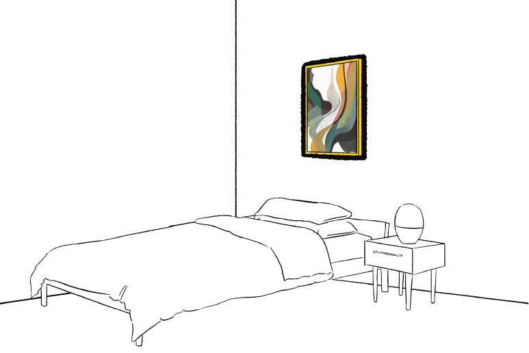 An illustrated image of a bed in a corner of the room and an image of a picture hung above the headboard.