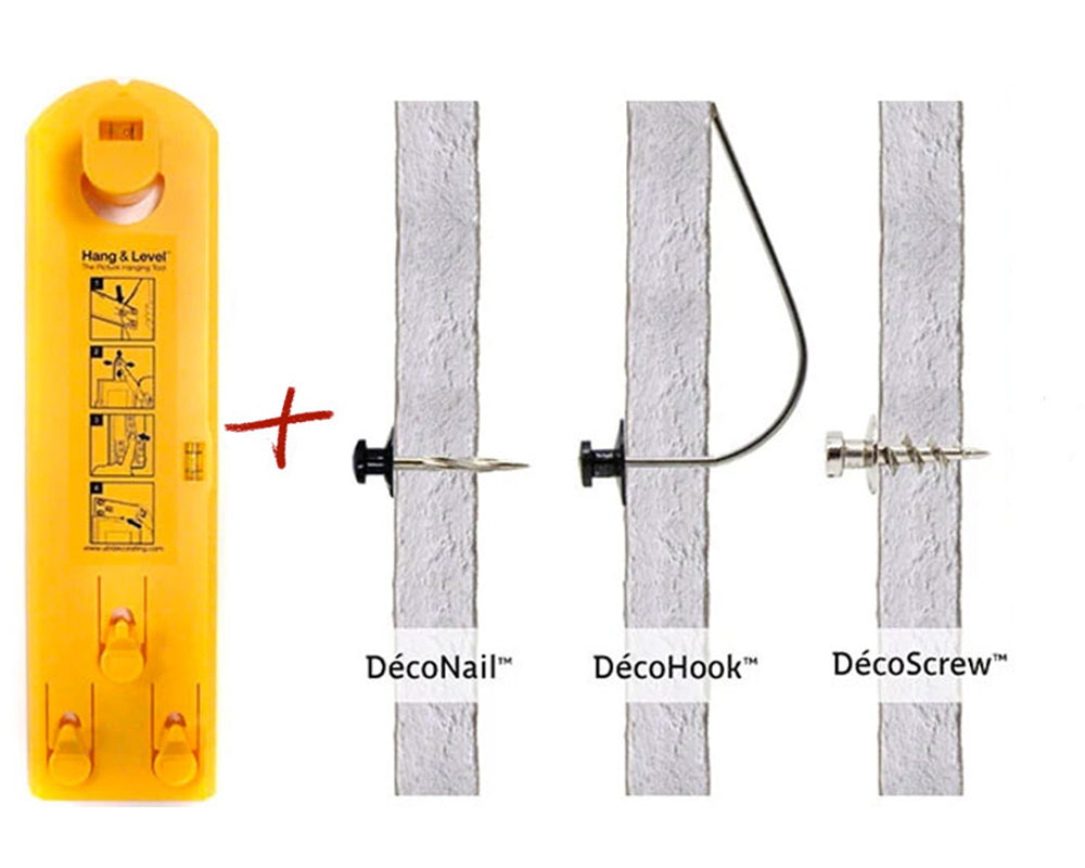 Picture of Hang & Level™, the picture hanging tool that marks exactly where to put the nail, with 3 different fasteners installed in drywall: DécoNails™, DécoScrews™ and DécoHooks™.