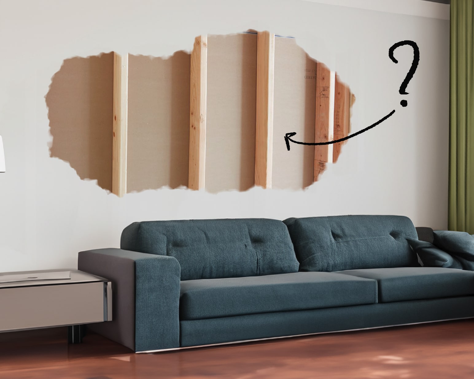 Picture of a couch in a living room and an illustration of part of the wall above the couch showing the studs behind drywall.