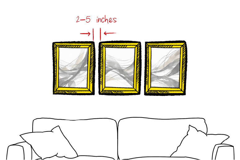 An illustration of 3 pictures hanging above a couch and the spacing between them is consistent and about 2 - 5 inches apart