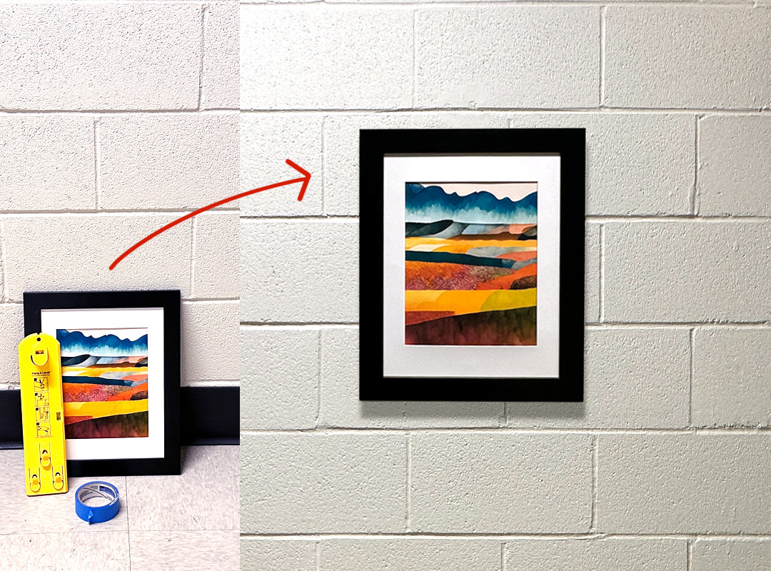 Two images: the picture, Hang & Level™ and Painter's tape lying on the floor next to the hard wall and then the picture hung on the hard surface.