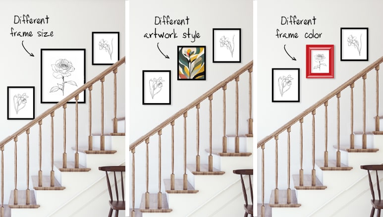 3 images of different 3-frame gallery walls hanging on a stairwell. Each image shows a different way of creating harmony in a gallery.