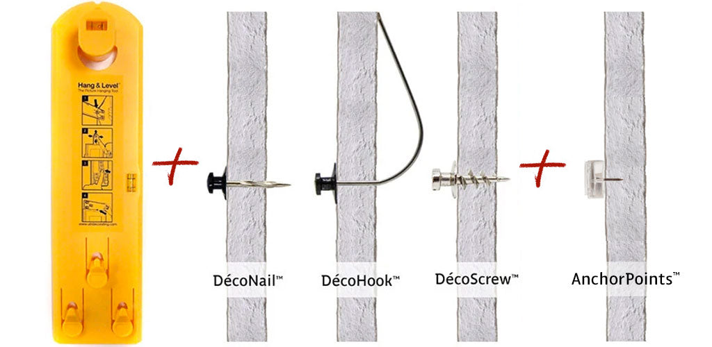 Image of H&L with different fasteners (DécoNails™, DécoHooks™, DécoScrews™) and AnchorPoints™ in drywall