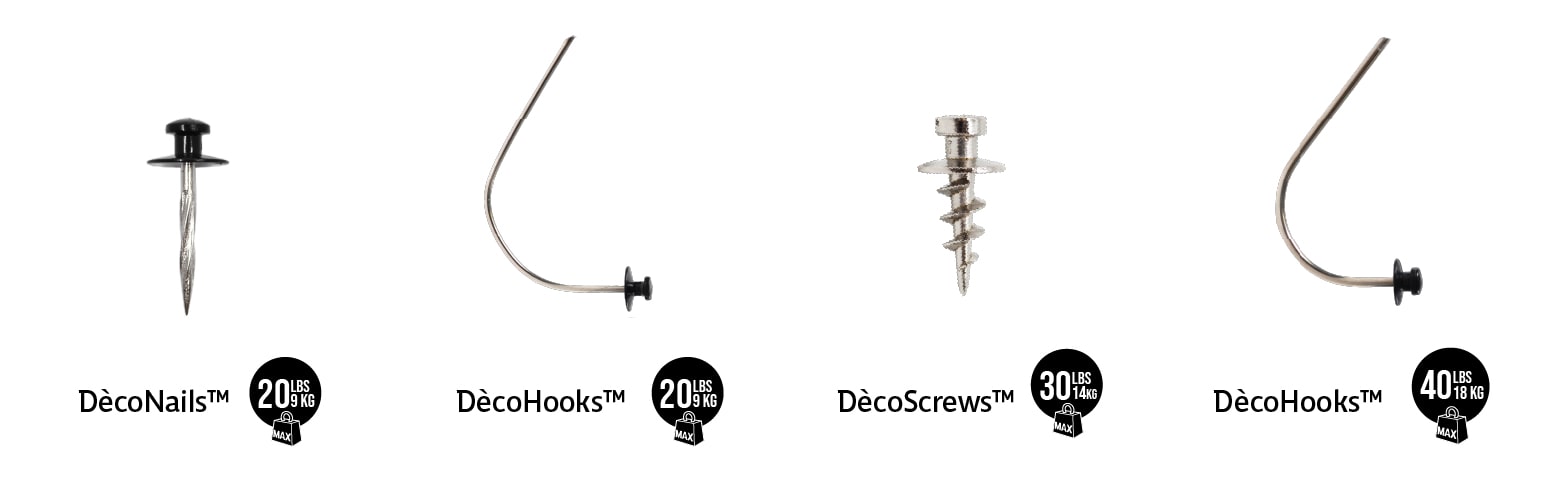 Image showing four fasteners we've designed for drywall: DécoNails™, DécoHooks™ and DécoScrews™