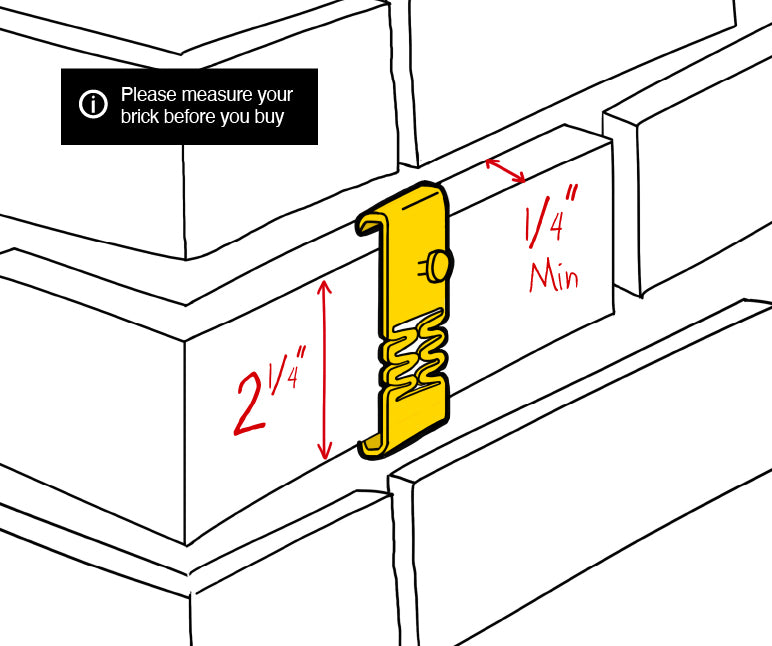 An illustration showing that DécoBrick™ hangers are design for bricks that are 2 1/4" tall with a minimum mortar recess of 1/4"