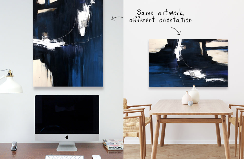 Two images side by side showing the same piece of abstract art hung above furniture to show how abstract art can be oriented in either portrait or landscape views.