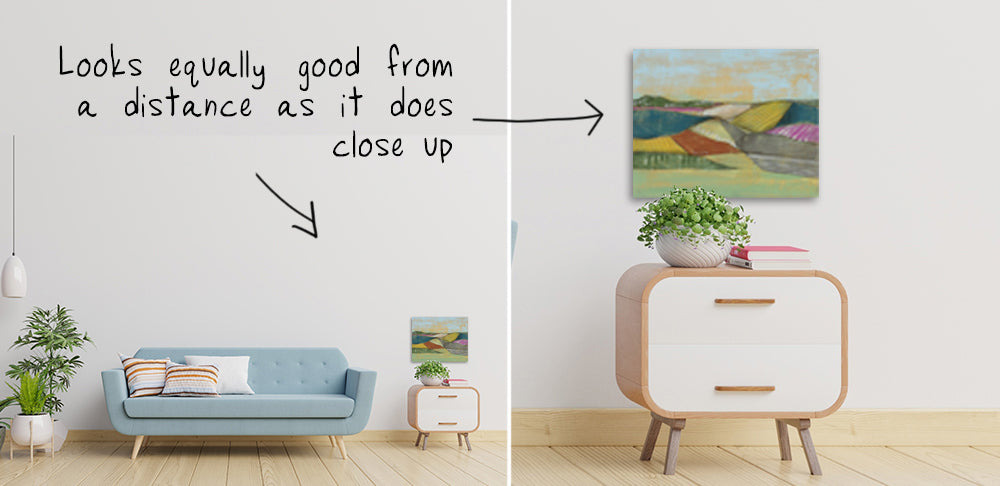 Two images of abstract art above furniture to demonstrate that because abstract art is nonrepresentational it can viewed from both close up and far away.