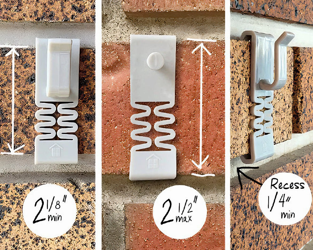 3 images of DécoBrick™ hangers on brick to show the brick tolerances: 2 1/8" to 2 1/2" and 1/4" recessed mortar.