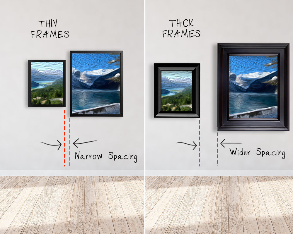 Two different images showing that spacing between frames is narrower if using thin frames and wider if using thick frames.