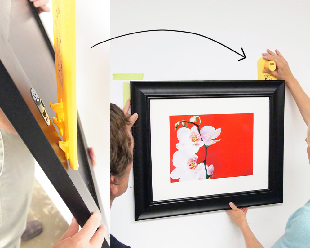 Two images: one shows how to hook the keyhole hanger onto Hang & Level™, the picture hanging tool that marks exactly where to put the nail. The other is showing how to use the tool to place the picture on the wall and align with the painter's tape used to mark the location.