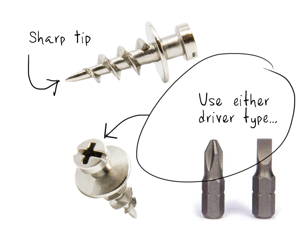 Two different images of the decoscrew showing different features: a strong tip to designed to pierce paint and drywall to make it easy to screw in and the head of the decoscrew where you can use a phillips or flat screwdriver to install