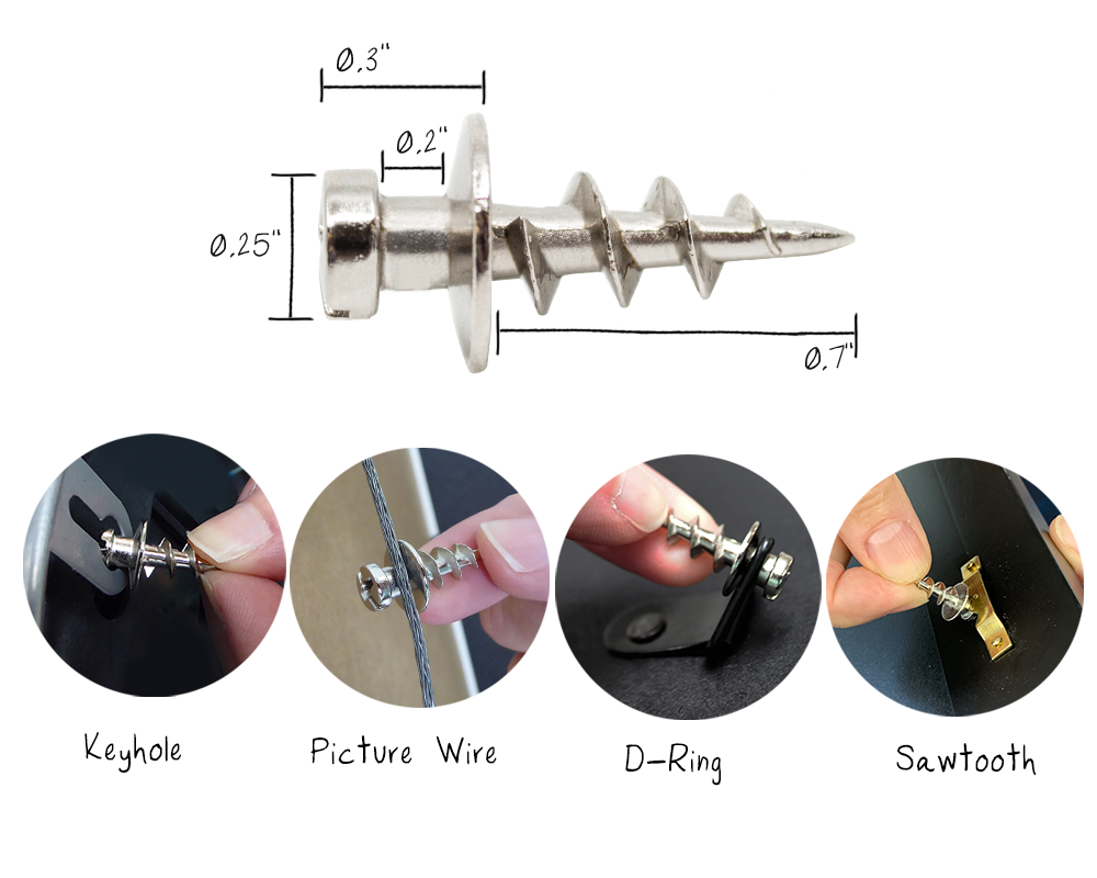 a picture of the features showing the unique head shape on deco screw that holds hanging hardware securely and then 4 pictures of the screw with the hanging hardware including a keyhole hanger, picture wire, a D-ring hanger and a 