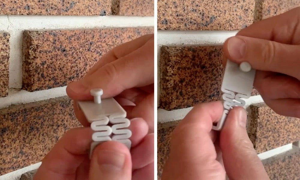 Two images showing how to flex the middle section of a DécoBrick™ hanger back and forth and twisting it a couple of times to warm up the plastic so it's easier to stretch.