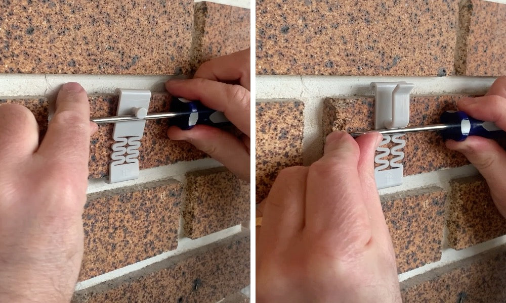 two images showing how to use a screwdriver as a lever to stretch DécoBrick hangers up to clip onto the brick