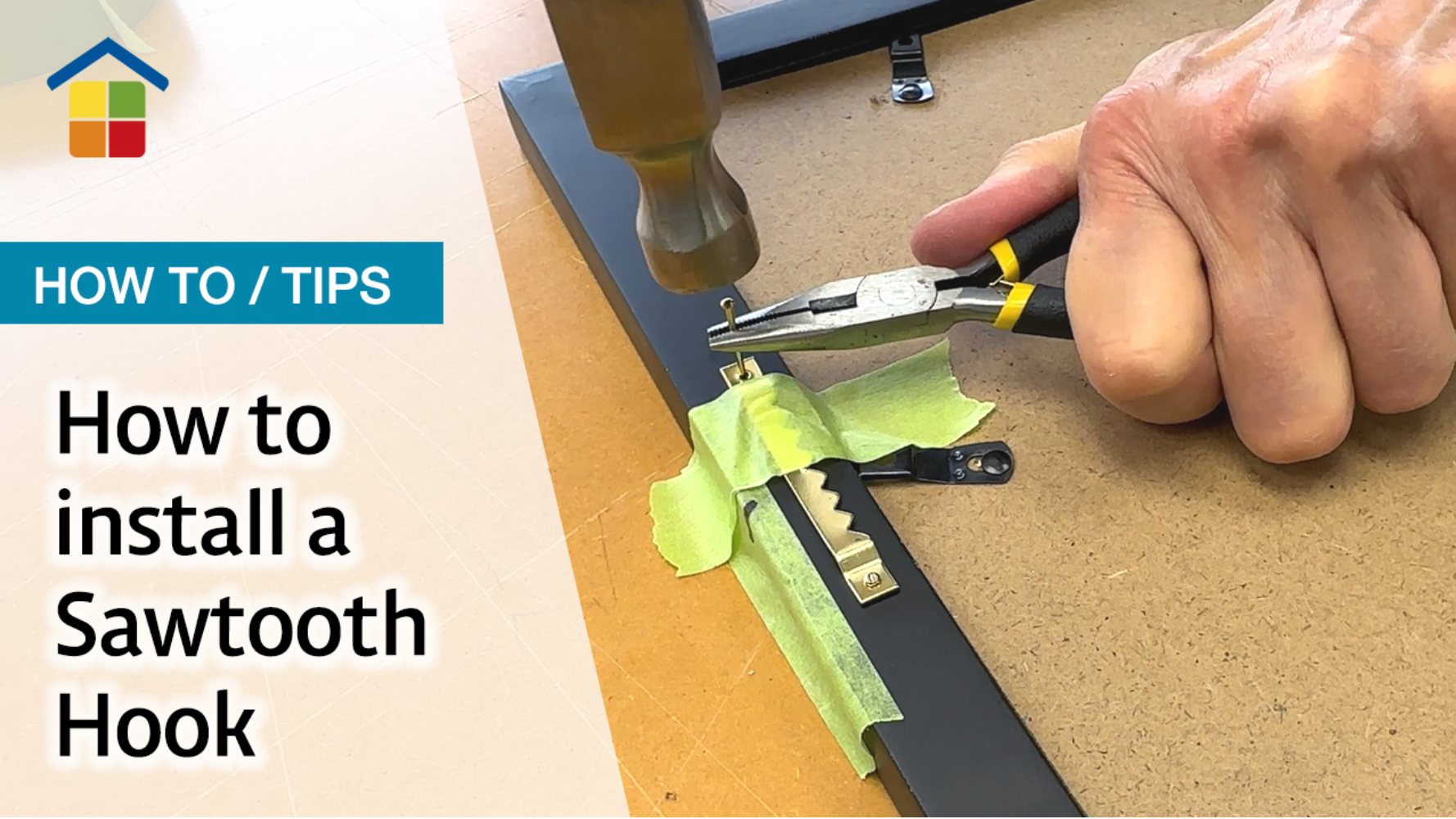 Image of a person installing a sawtooth hanger on the back of a picture frame with the words How to install a Sawtooth Hook.