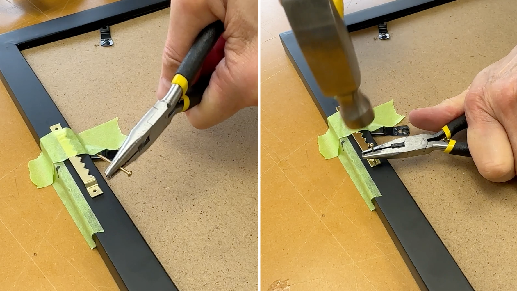 Two images: one showing how to hold the nails for the hanger with pliers so you don't hammer your fingers by mistake, and the second showing hammering the nails into the picture frame to secure the sawtooth hanger to the profile.