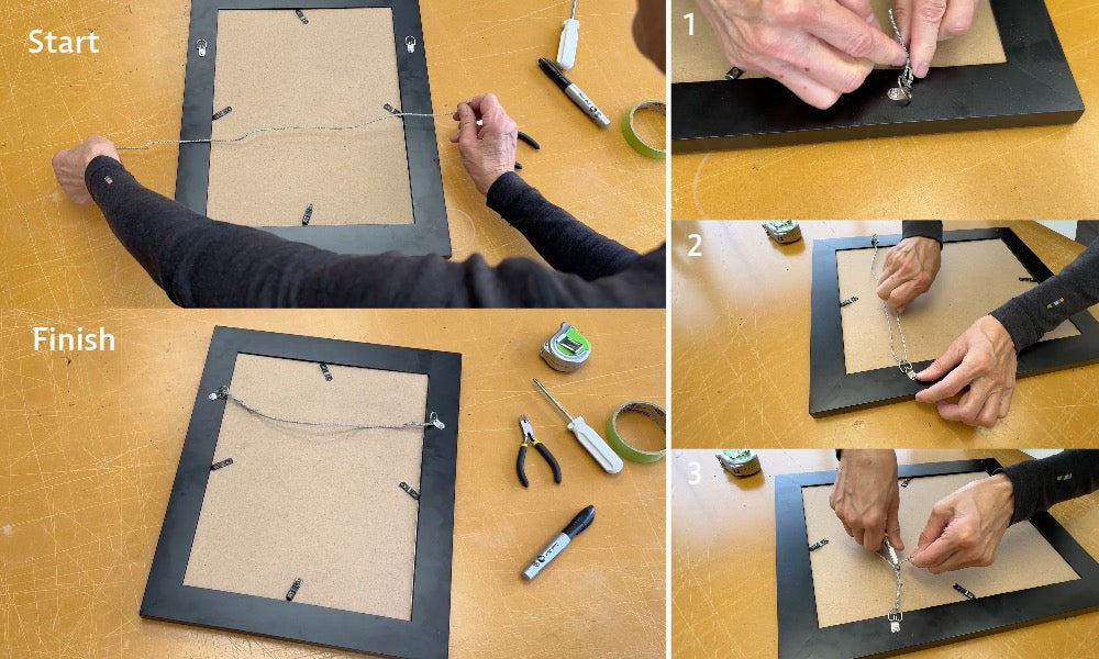 5 images showing the steps from start to finish of adding picture wire on the back of a frame using 2 d-ring hangers