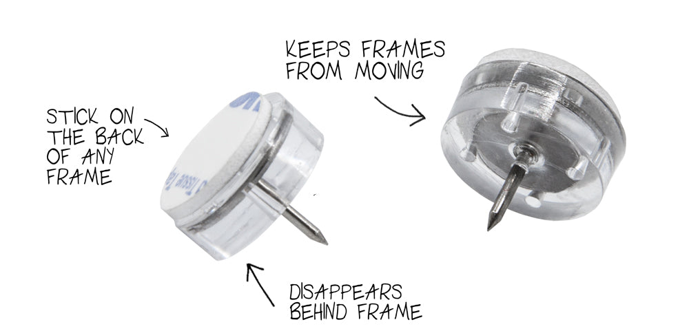image of two AnchorPoints™ out of the package and descriptions of some of their design features that make them keep picture frames straight.