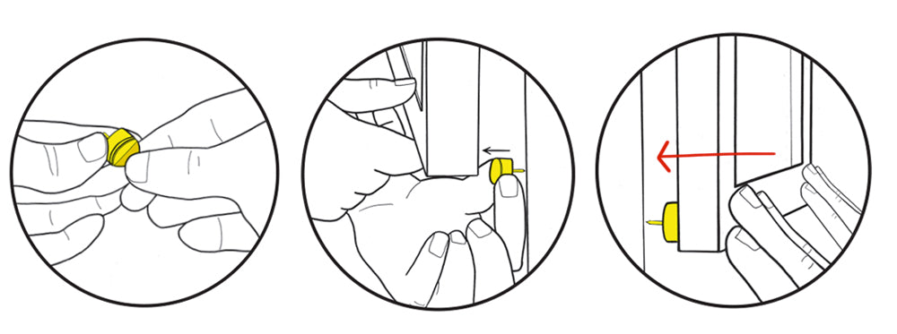 Three illustrations showing how AnchorPoints™ work to keep picture frames straight: peel off the protective layer on the adhesive side, place the adhesive side on each AnchorPoint the bottom two corners of the frame with the pins facing the drywall, make sure the frame is level and push the pins into the drywall. 