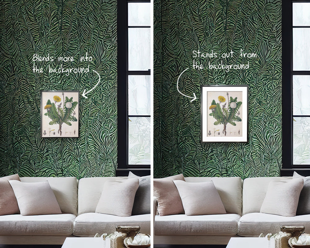 Two pictures of art hanging above a couch and on patterned wallpaper to demonstrate how to select art with negative or white space to help it stand out from the patterned wall. 