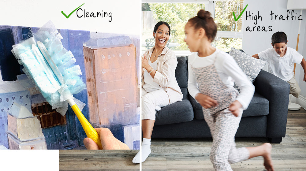 Two images: one showing cleaning the wall décor hung with AnchorPoints™ and it doesn't move. The other image showing a family enjoying time in the living room and kids actively playing and it doesn't shift the picture frames on the wall that are hung with AnchorPoints.