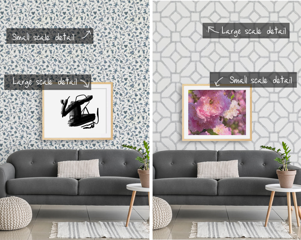 Two images of artwork hanging above couch and on a patterned wallpaper to show how to contrast the art scale with the scale of the pattern on the wallpaper so the art will stand out.