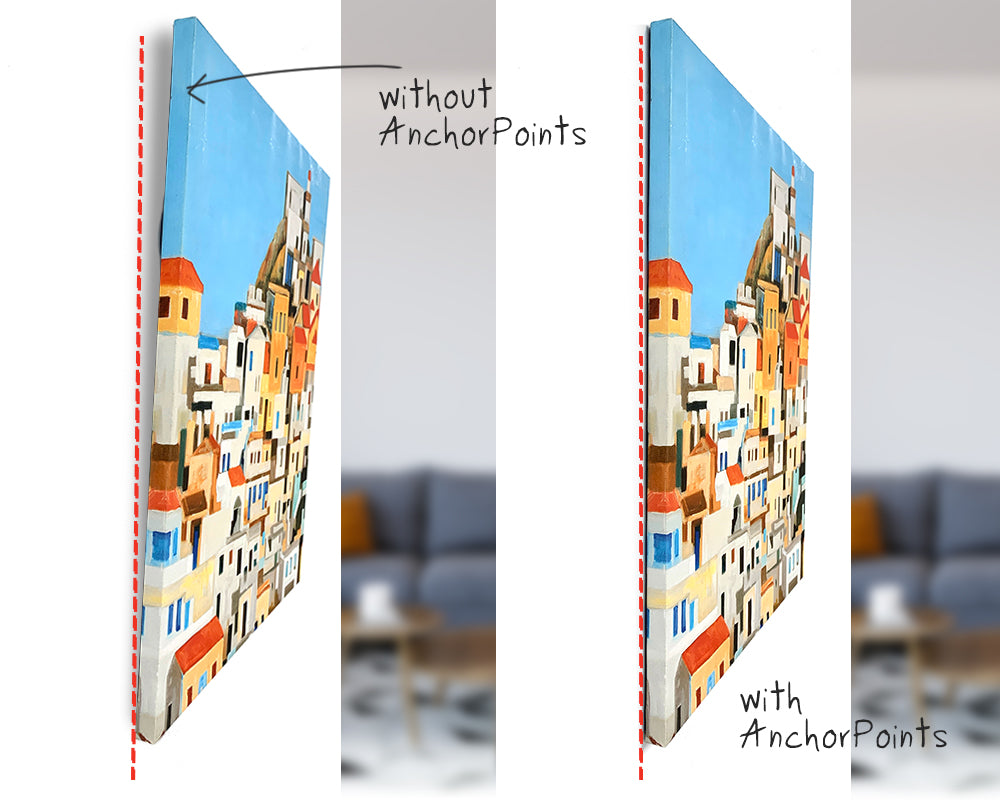 Image of the side shot of two pieces of canvas art hung on the wall to show that when AnchorPoints are used it keeps the art sitting flush to the wall, otherwise it hands forward at the top.