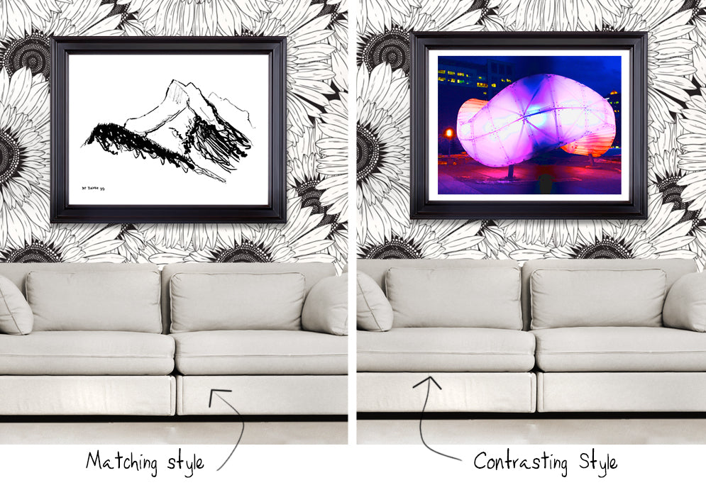 Two pictures side by side showing artwork hung above a couch and on a patterned wallpaper to show how the match and contrast the style of the art and the style of the patterned wallpaper.