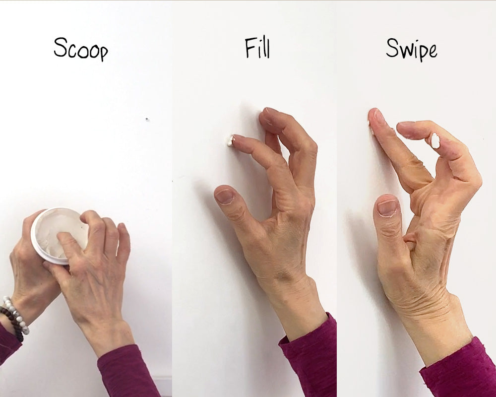 three pictures together of a person using drywall spackle to fill a hole. 