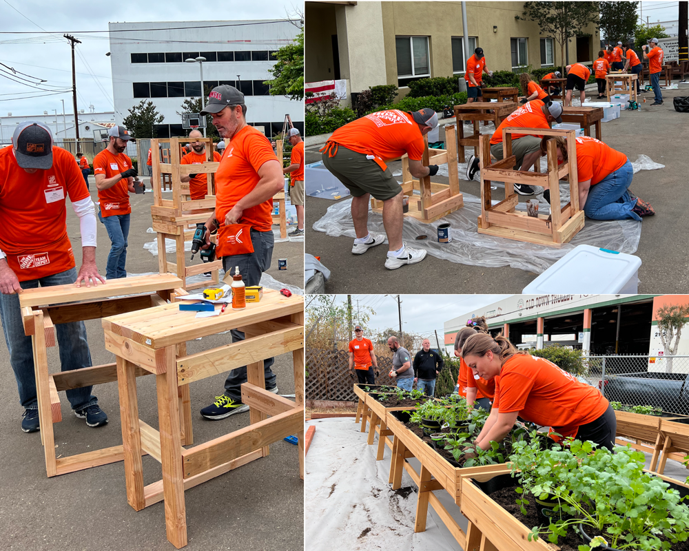 Three different images showing Team Depot volunteers at the Veterans Villiage of San Diego charity build put on by The Home Depot Foundation in San Diego