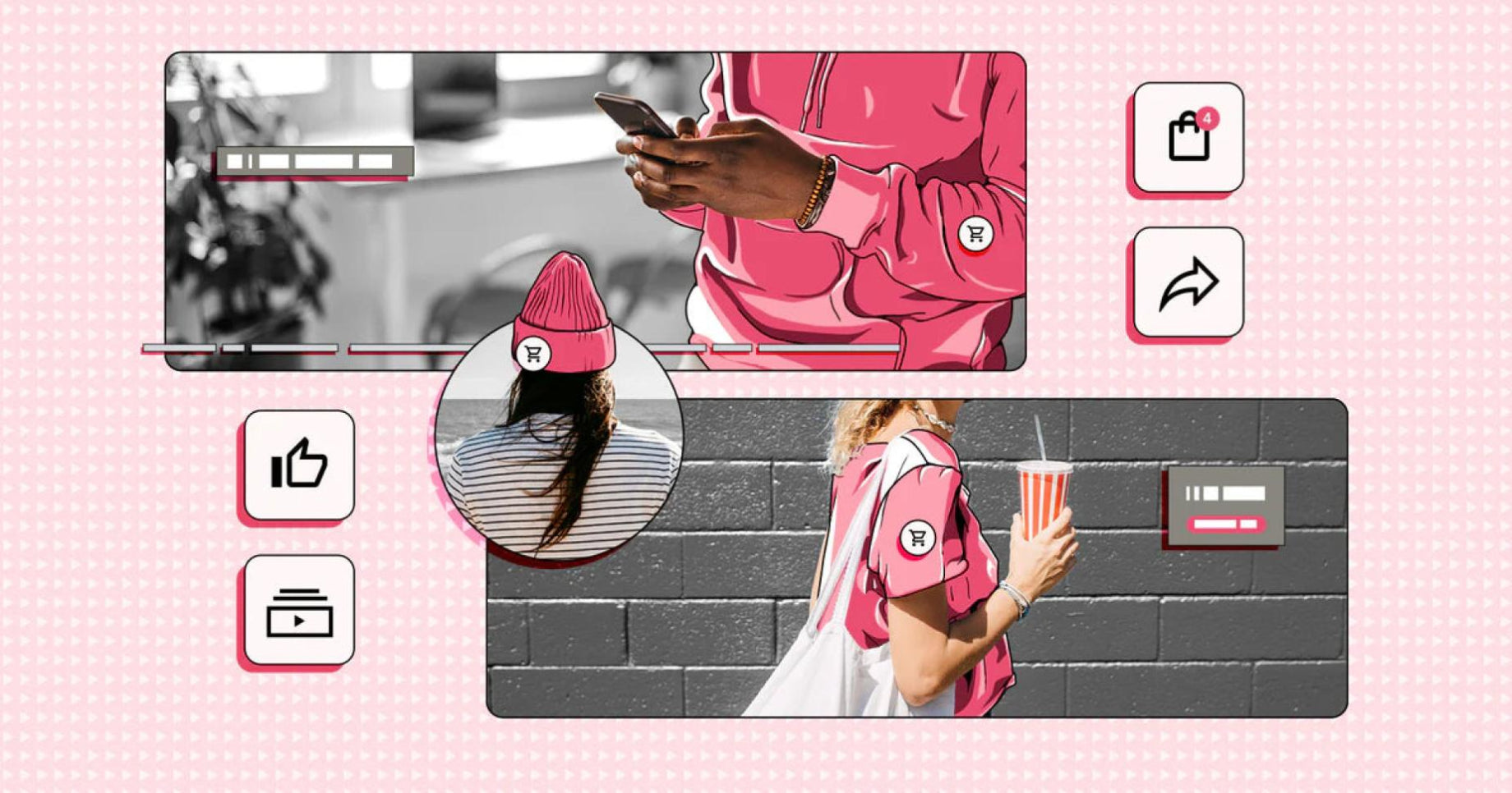 Illustrazione in stile fumetto che dimostra i tipi di merchandise di YouTube