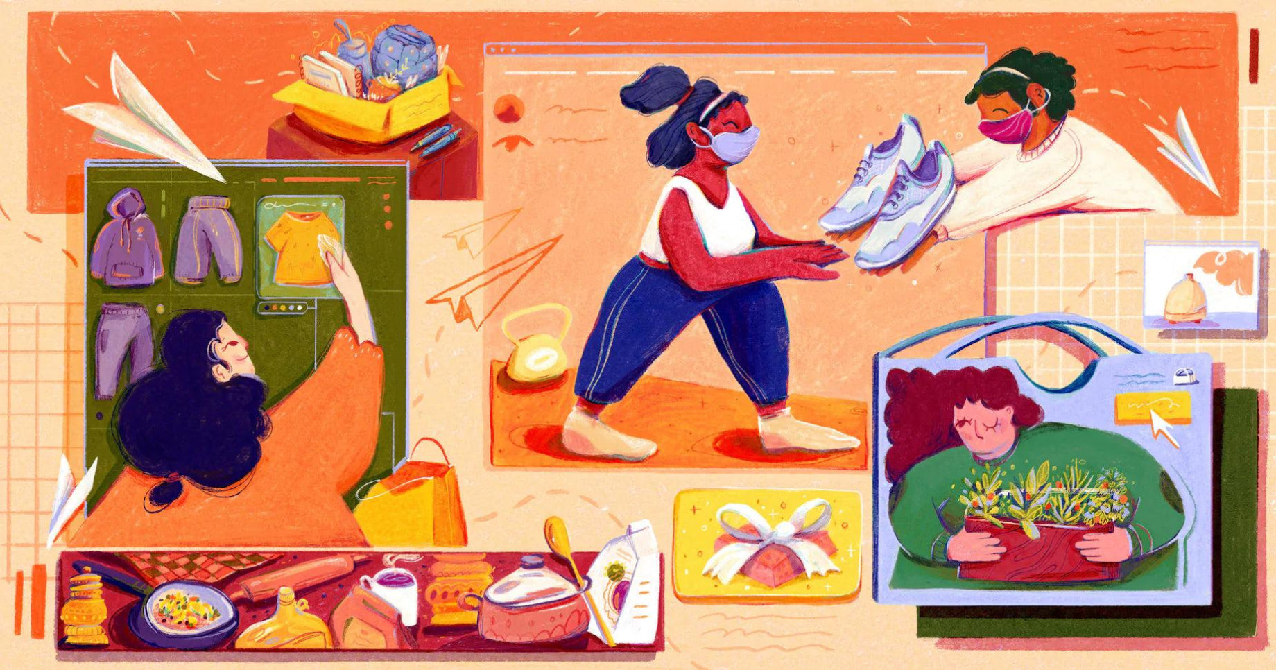 Illustrazione che rappresenta più persone che fanno acquisti da piccole imprese