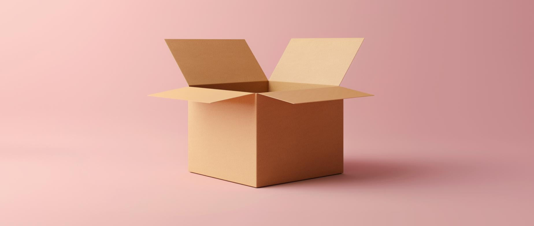 Uno scatolone aperto su uno sfondo rosa