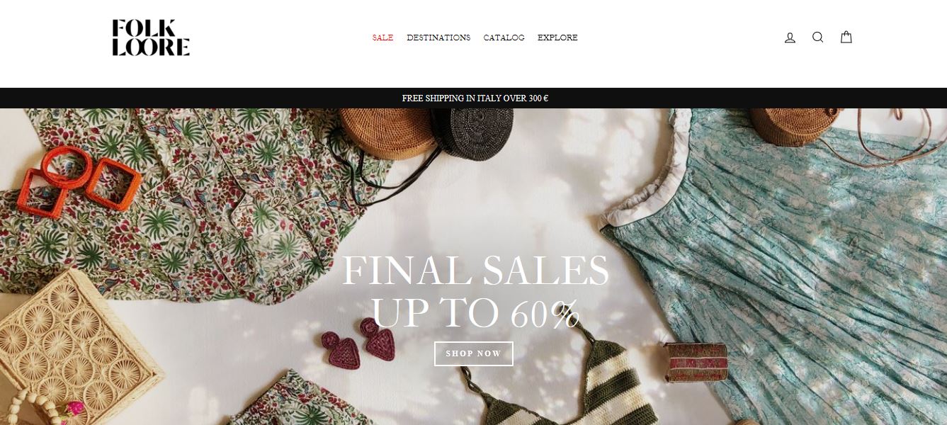 Aprire un negozio online con Shopify Folkloore homepage