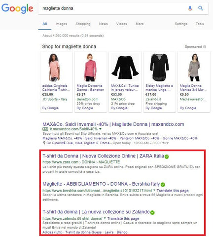 magliette donna risultati organici guida SEO per ecommerce principianti