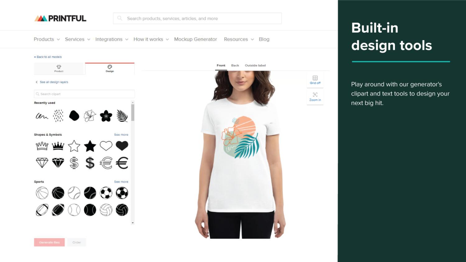 Pagina design Printful che mostra un modello con una maglietta progettata e multiple opzioni logo