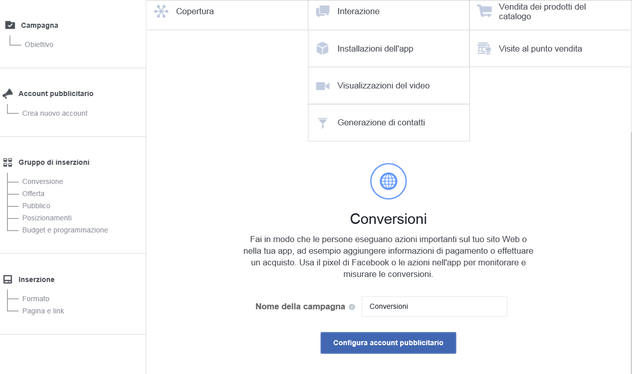 Facebook Ads: Pagina configurazione account pubblicitario