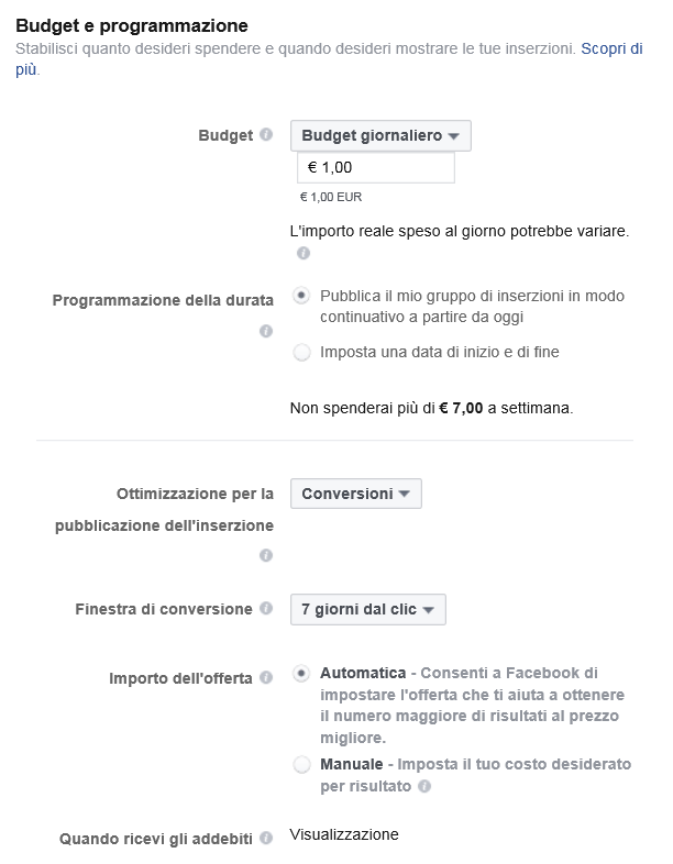 Facebook Ads budget e programmazione