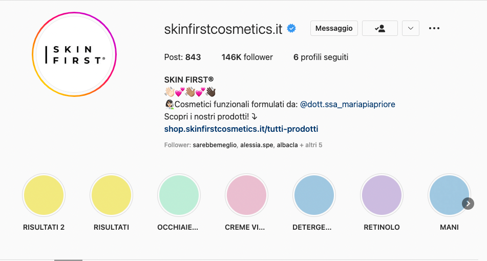 Biografia su Instagram - Esempio SkinFirst