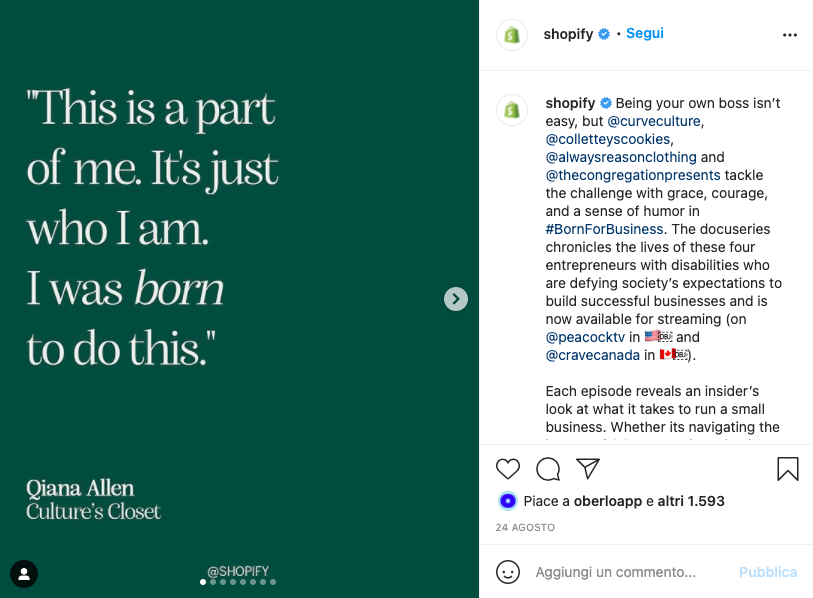 Cosa pubblicare su Instagram: Citazioni e frasi motivazionali - esempio: Shopify